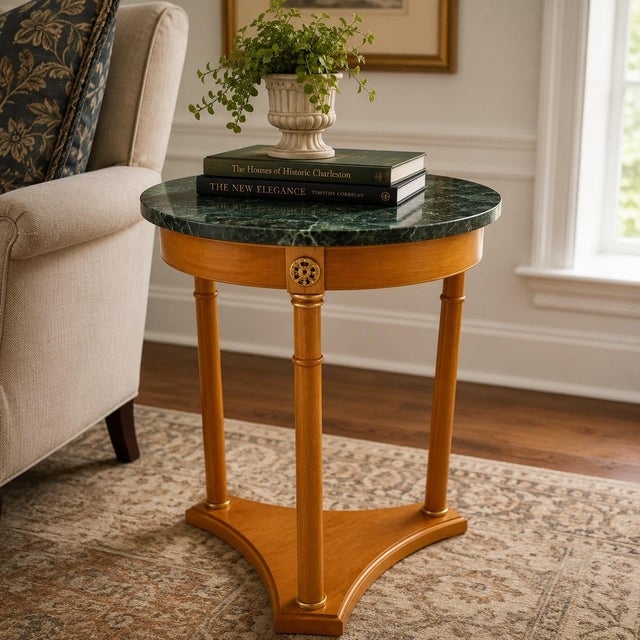 Traditional Late 20th Century Empire Style Green Marble Top Round Accent Table With Column Legs For Sale - Image 3 of 9