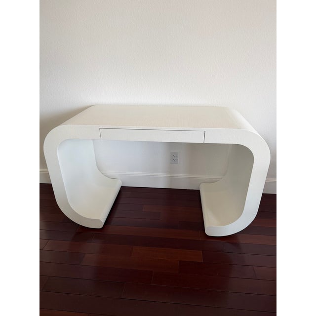 Textile Made Goods Modern Cream Raffia Desk / Vanity With Bouclé Accent Chair – Sculptural Set For Sale - Image 7 of 12