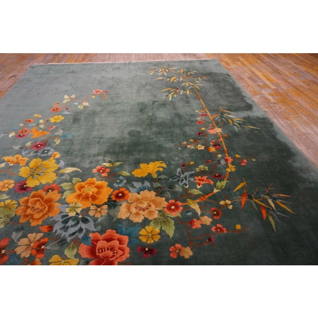 1930s Green Bamboo Floral Antique Chinese Art Deco Rug 8' 9'' X 11' 0'' Handknotted Wool Carpet For Sale - Image 9 of 12