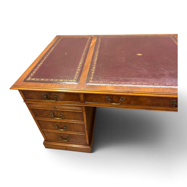Twin Pedestal Desk with Burgundy Leather Top For Sale - Image 3 of 9
