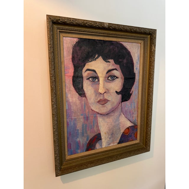 Striking original mid-century modern, Fauvist-influenced oil portrait depicting an elegant woman with short dark hair and...