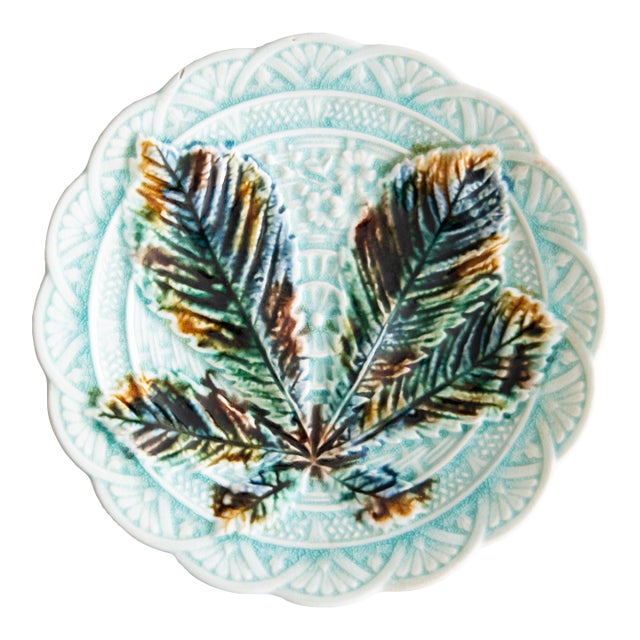 19th Century Swedish Rörstrand Majolica Turquoise Chestnut Leaf Plate For Sale
