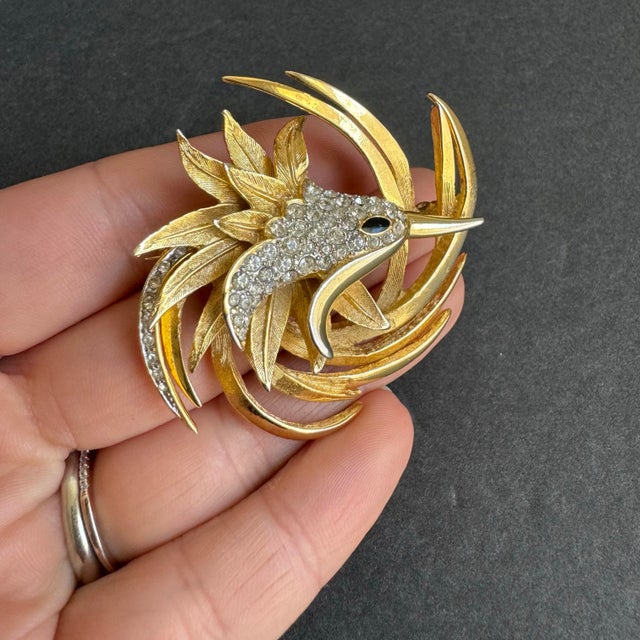 Metal Vintage Bird of Paradise Brooch Attributed to Marcel Boucher Gold Tone Rhinestone Phoenix Pin For Sale - Image 7 of 8