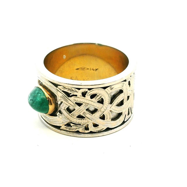 Vintage Samuel Aaron 14k White Gold Cabochon Emerald Wide Band Ring, Size 9.75 For Sale - Image 9 of 12