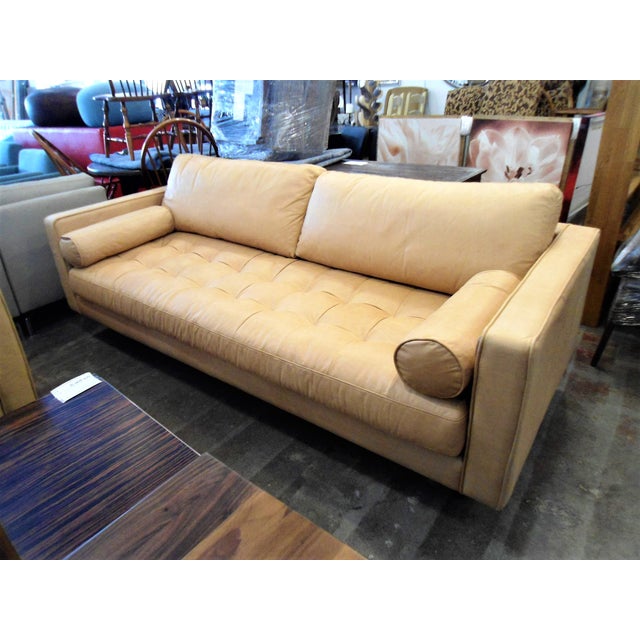 Full Grain Tufted Tan Leather Sofa W/ 2 Bolster Pillows Chairish