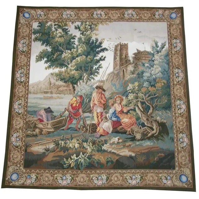 Tan Vintage Tapestry Depicting Farmers For Sale - Image 8 of 9