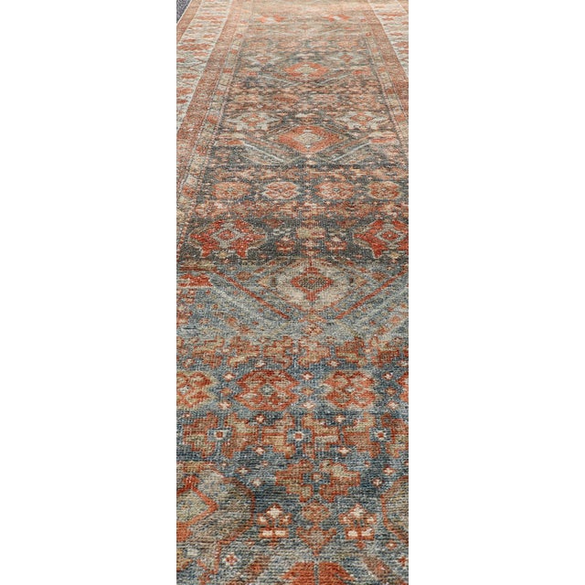 Tribal Fine Antique Persian Malayer Runner in Soft Tones of Blue and Orange 2'10 X 13'8 For Sale - Image 3 of 11