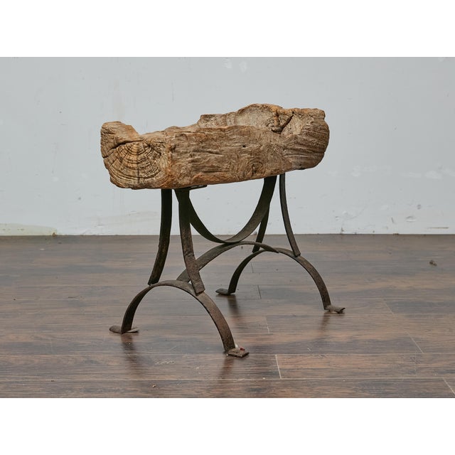 Rustic Mid-Century Wooden Trough Accent Table on Custom Iron Base For Sale - Image 11 of 12