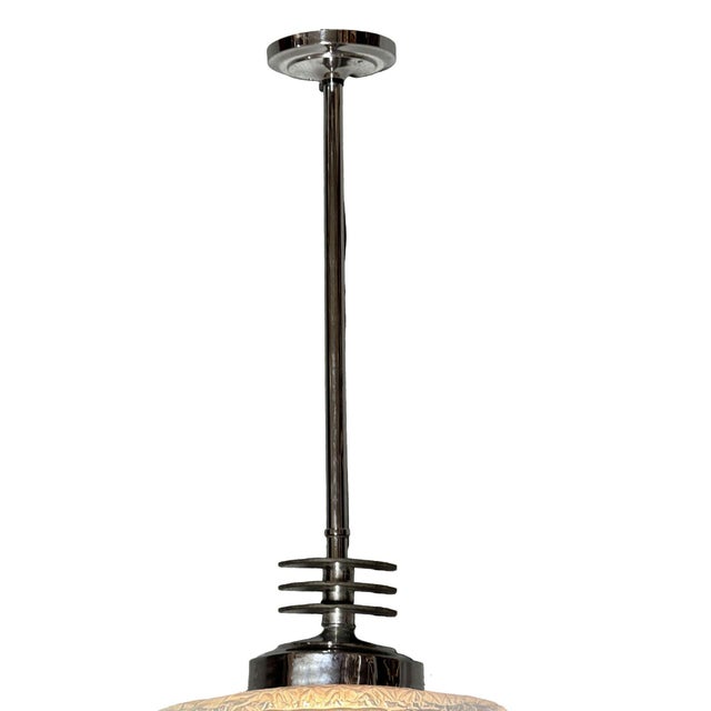 1930s 1930s Art Deco Chrome Streamline Pendant Light W/ Skyscraper Cobalt Blue Glass Shade For Sale - Image 5 of 9
