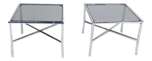 Vintage Mid Century Chrome Faux Bamboo X-Base End Tables With Smoked Glass Tops- a Pair