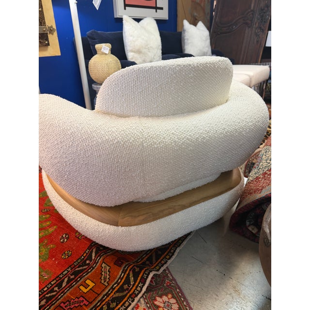 Custom Cream Color Boucle and Wood Lounge Chair For Sale - Image 9 of 11