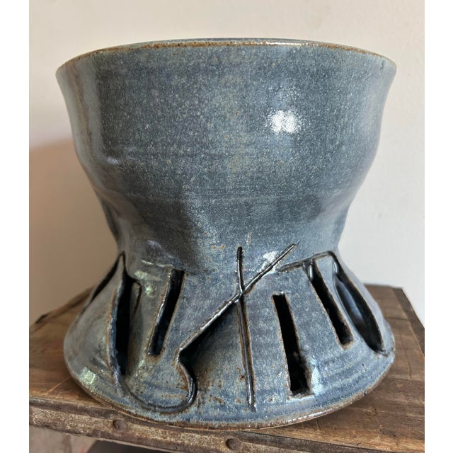 1970s 1970’s Modernist Glazed Pottery Planter Slate Blue ~ Artisan Made For Sale - Image 5 of 11