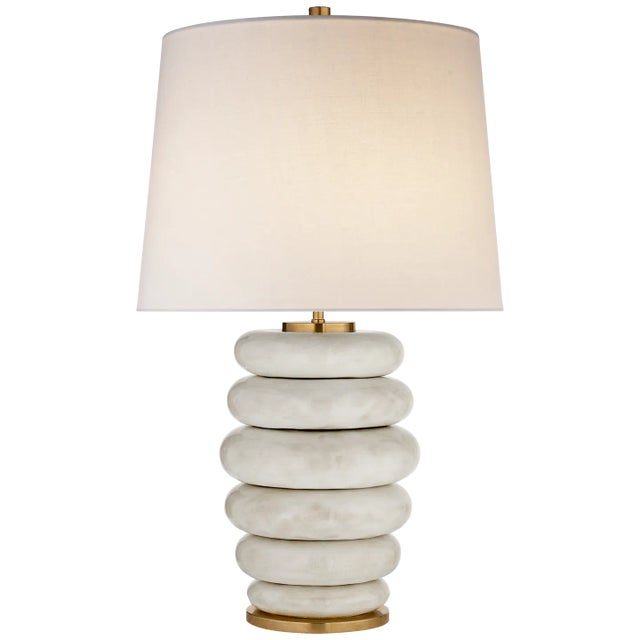 Phoebe Stacked Table Lamp in Antiqued White with Linen Shade Designer: Kelly Wearstler Height: 28.5" Shade Detail: 13" x...