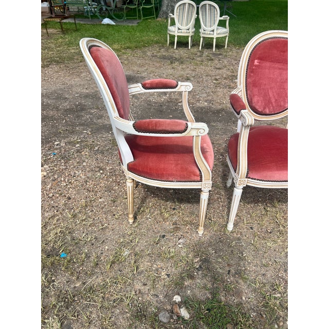 Pink French 19th Century Louis XVI Painted Walnut Arm Chairs - Set of 2 For Sale - Image 8 of 12
