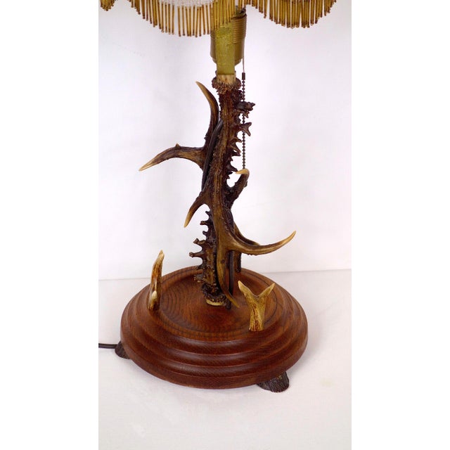 Antique Antler and Beaded Fabric Shade Table Lamp, 1930s/40s, Single Light, 73 Cm High from Unbekannt For Sale - Image 3 of 9