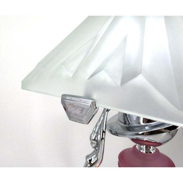 1980s Art Deco Frankart Style Chrome Table Lamp Pink Vianne Frosted Glass Nude Lady For Sale - Image 15 of 18