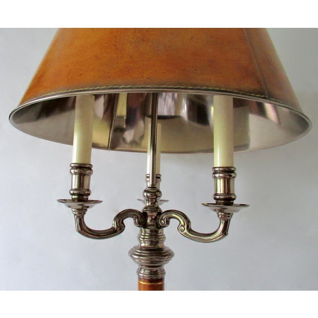 C.1990's Maitland-Smith 3-Bulb Candelabra, Tole Lamp & Leather/Metal Shade For Sale - Image 9 of 15