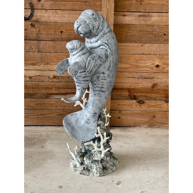 1970’s Coastal Cast Aluminum Life Sized Sculptural Manatee Faux Coral ...