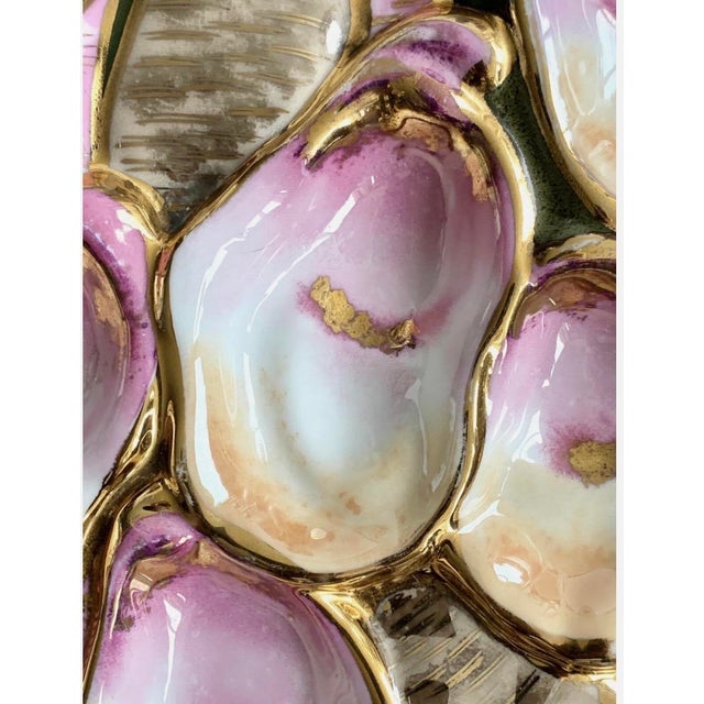 Set of 4 — Antique Carl Tielsch Ct Germany Oyster Plates — Hand-Painted, 5-Well Sculptural Mold, Martha's Vineyard Estate, c.1850 For Sale - Image 4 of 12