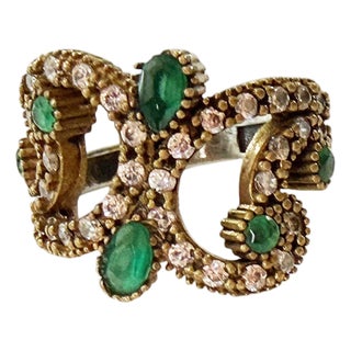 Intage Sterling Silver Ring W/ Natural Emerald and Diamond Size 4 For Sale