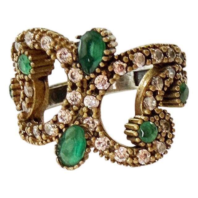 Intage Sterling Silver Ring W/ Natural Emerald and Diamond Size 4 For Sale