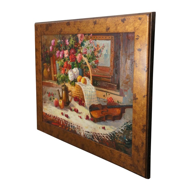 A beautiful still life painting featuring a table setting with a basket of flowers, apples, oranges, cherries, a tea pot...