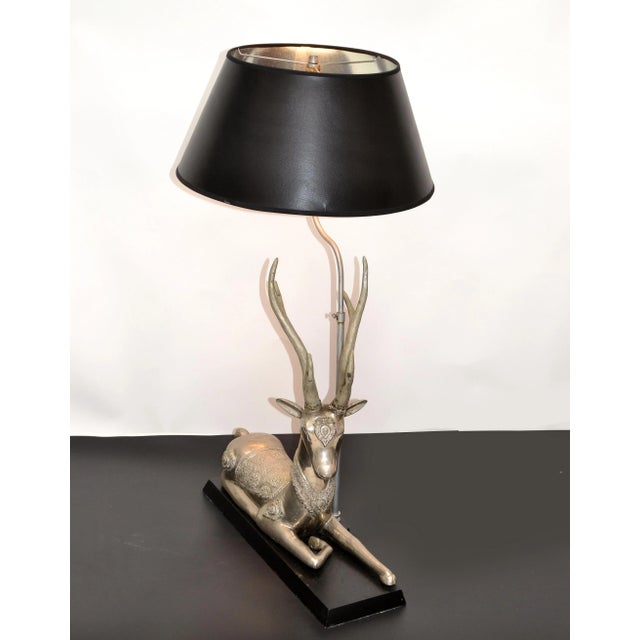 Art Nouveau Silvered Bronze Graceful Resting Deer Table Lamp Wood Base Silver & Black Shade For Sale - Image 3 of 13