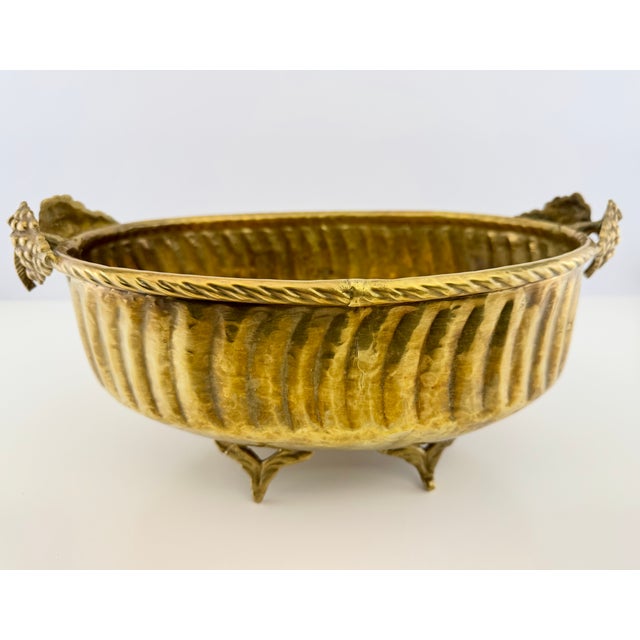 Vintage Solid Brass Hammered Centerpiece Bowl With Grapevine Handles For Sale - Image 9 of 13