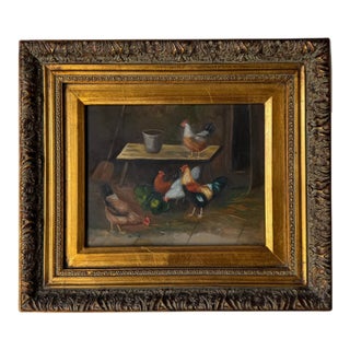 Vintage Rustic Chickens & Rooster Still Life Oil Painting on Plywood – Framed For Sale