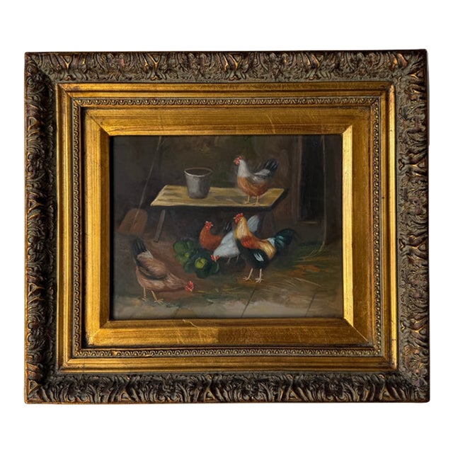 Vintage Rustic Chickens & Rooster Still Life Oil Painting on Plywood – Framed For Sale