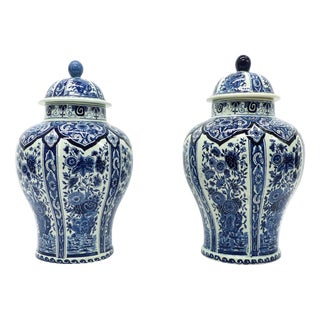 Large 18th-Century Blue and White Delft Covered Pots, 1950s, Set of 2 For Sale