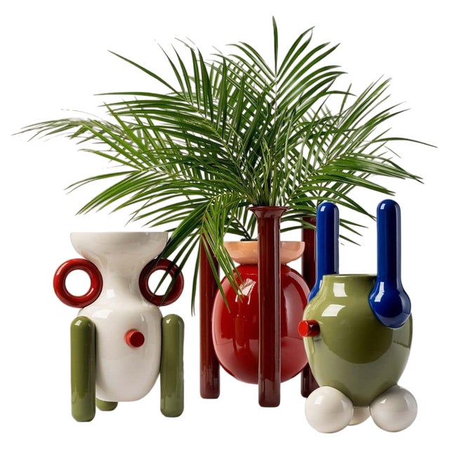 Set of 3 Contemporary Decor Glazed Ceramic Explorer Vase Collection For Sale