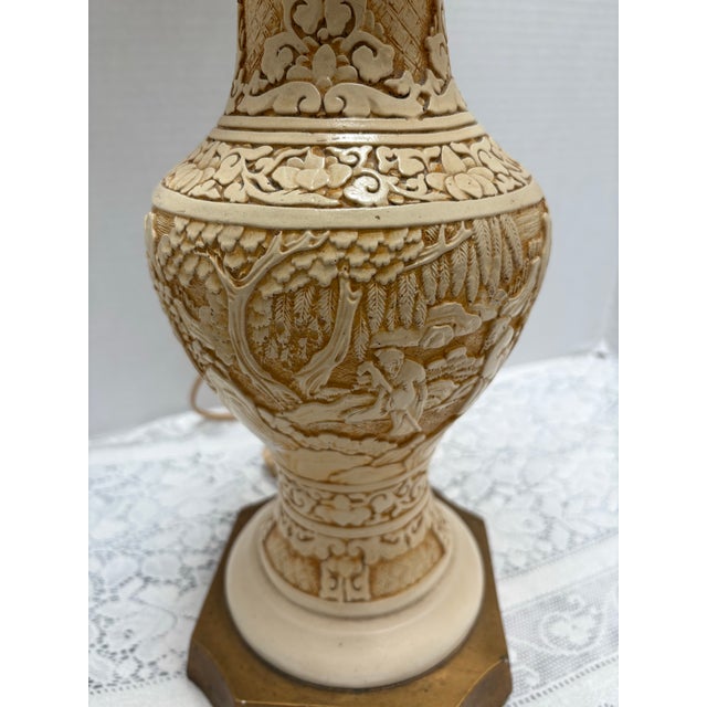 Mid-Century Modern Midcentury Asian Chinoiserie Pair of Pottery Table Lamps -Set of Two For Sale - Image 3 of 12