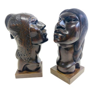 Late 20th Century Hand Carved Dark Walnut Figurative Sculptures/A Pair For Sale