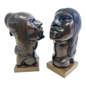 Late 20th Century Hand Carved Dark Walnut Figurative Sculptures/A Pair