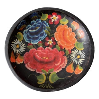 Vintage Hand-Painted Folk Art Floral Wood Bowl For Sale