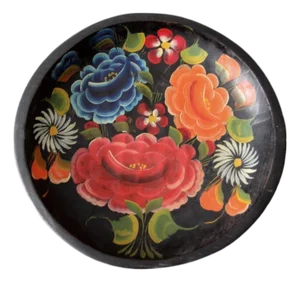 Vintage Hand-Painted Folk Art Floral Wood Bowl