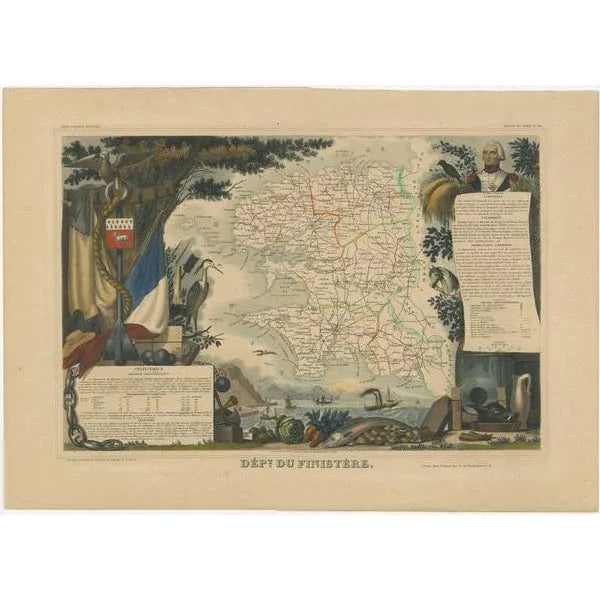 Antique map titled 'Dépt. du Finistère'. Map of the French department of Finistere, Brittany, France. This area of France...
