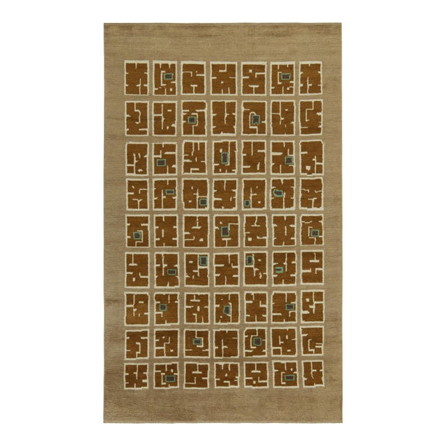 Rug & Kilim’s French Art Deco Style Rug in Beige With Brown Square Patterns For Sale