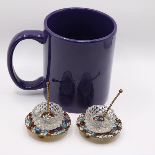 19th Century French Champlevé Enamel & Cut Glass Open a pair of Salt Cellars With Spoons - 4 pcs For Sale - Image 12 of 12