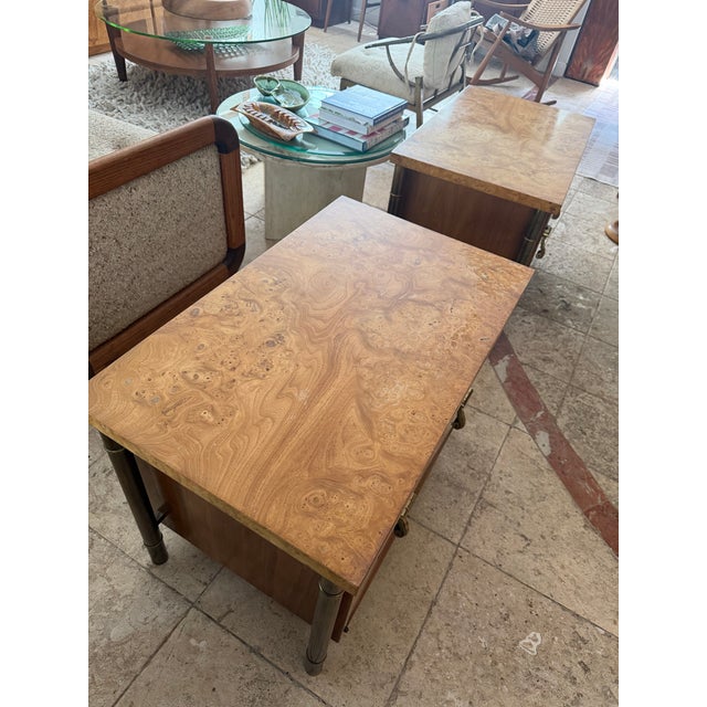 Brown Attributed to Mastercraft Mid-Century. Modern Burl Wood & Brass Nightstands - A Pair For Sale - Image 8 of 12