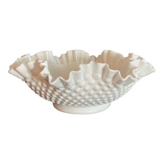 Fenton Hobnail Milk Glass Ruffed Bowl 1960s 12” Dia For Sale