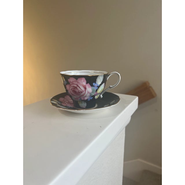 Art Deco Vintage Paragon England Cabbage Roses Black Teacup & Saucer Set For Sale - Image 3 of 13