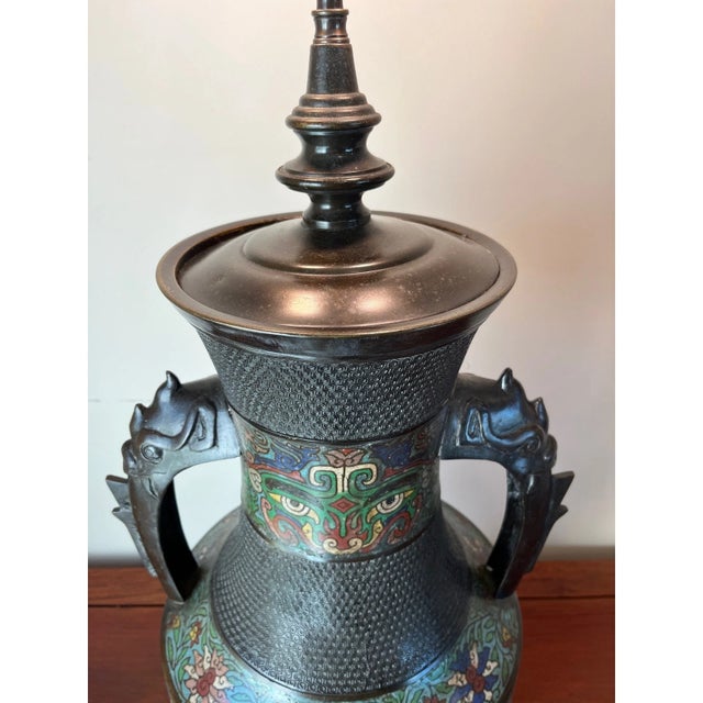 Large 42" Chinese CloisonnÃ© & Bronze Taotie Hu Vase Table Lamp For Sale - Image 12 of 15