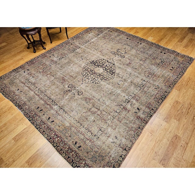 Beige 19th Century Persian Kerman Lavar Rug, Hand-Knotted Wool, Floral Pattern, Ivory & Black, 9x10 For Sale - Image 8 of 18