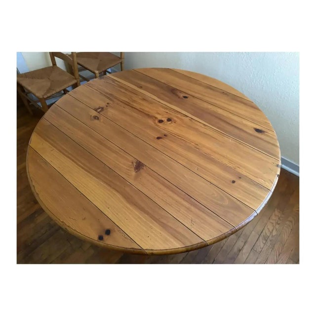 Ethan Allen Vintage Ethan Allen Rustic Farmhouse Round Pedestal Table With Ladder Back Handwoven Rush Chairs For Sale - Image 4 of 14