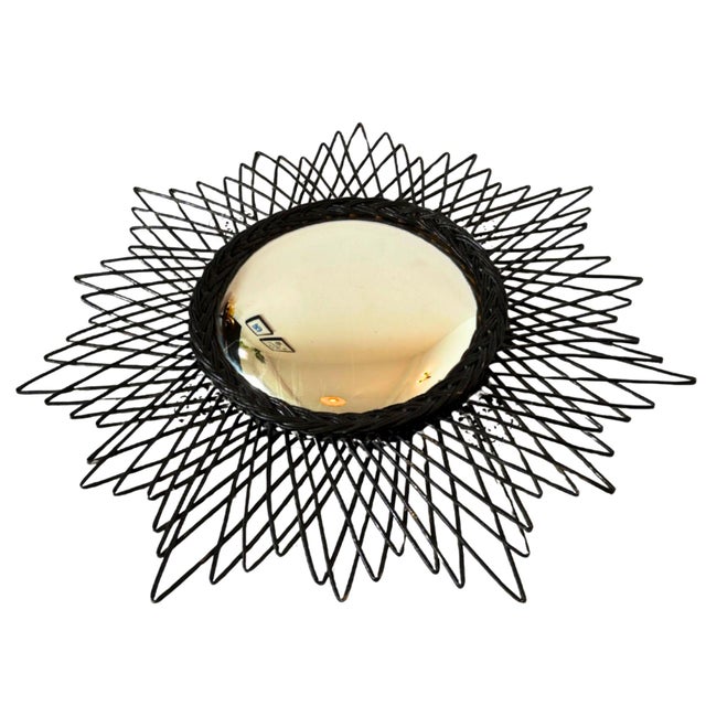 Wood Vintage French Sunburst Mirror in Ebonized Wicker with Convex Glass, 1950s For Sale - Image 7 of 7