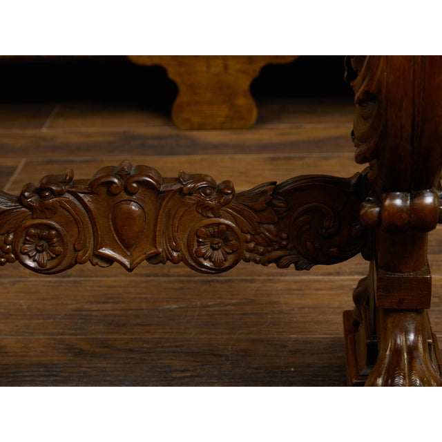 Italian 1800s Walnut Side Table with Lion Motifs and Richly Carved Trestle Base For Sale In Atlanta - Image 6 of 11