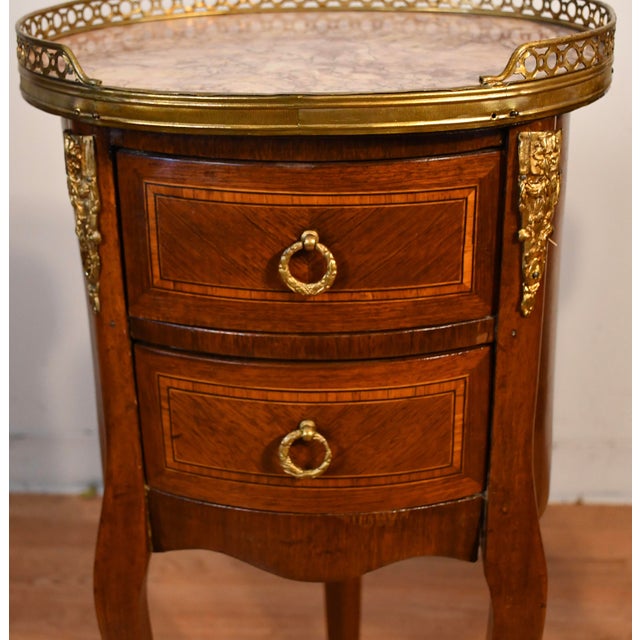 Late 19th Century 1880 Antique French Louis XV Walnut Inlaid Marble Top Nightstands Bedside Tables For Sale - Image 5 of 16