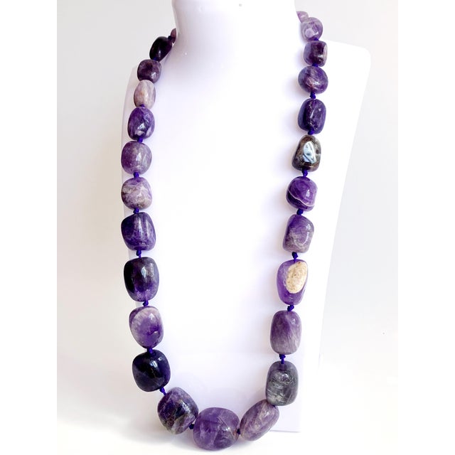 Large Amethyst Statement Necklace | Oversized Purple Gemstone Beads | Knotted Silk Cord | 304 Stainless Steel Clasp For Sale In New York - Image 6 of 11